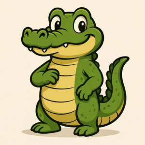 Cartoon alligator mascot representing an automated lead funnel system for real estate investors using GoHighLevel; used to promote plug-and-play CRM snapshots and marketing automation tools.
